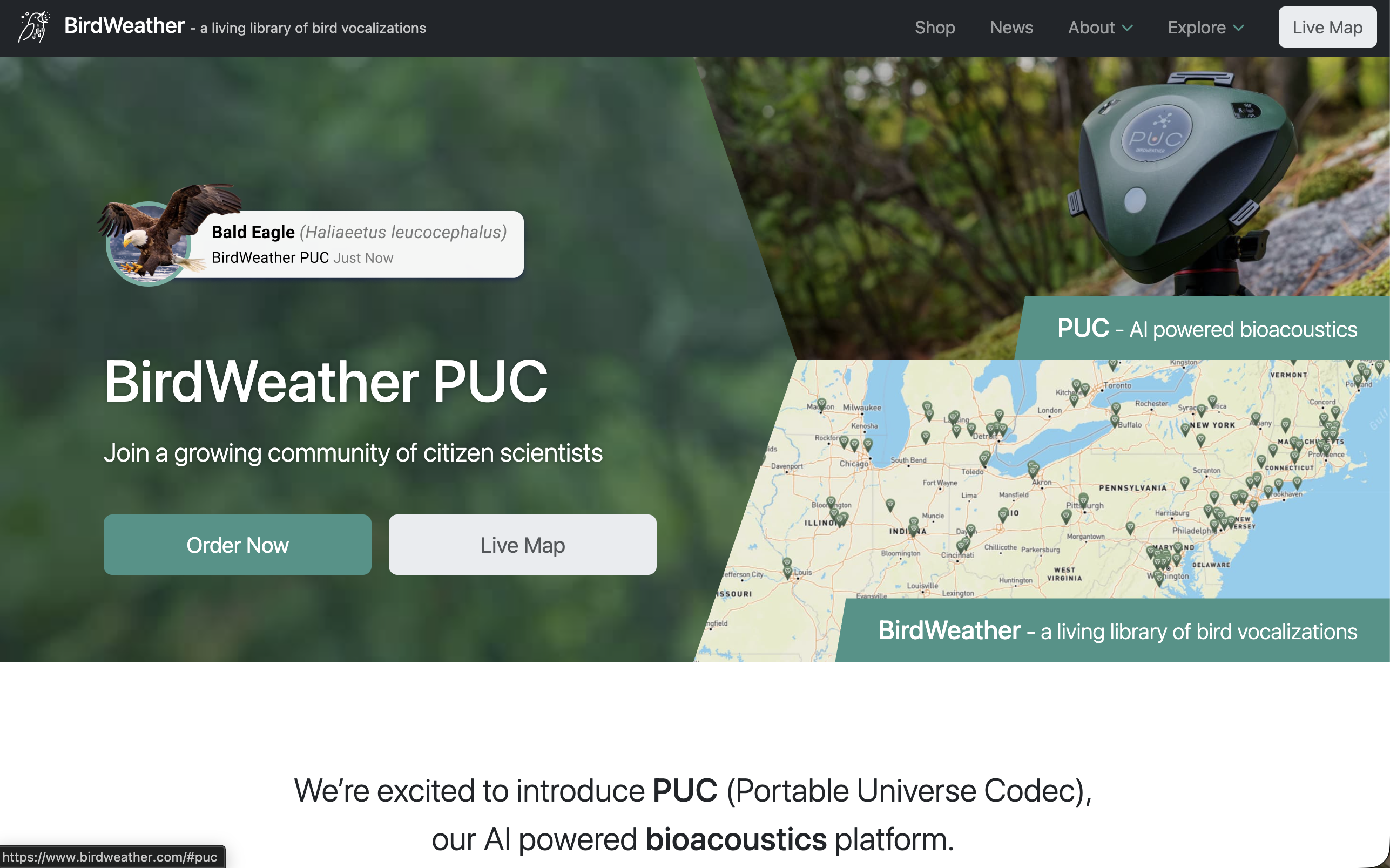 Screenshot of Birdweather homepage